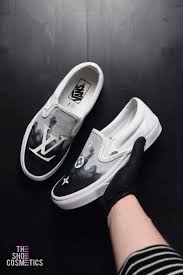 Black And White Custom Vans Slip Ons Lv Custom Vans Slip On Sneaker Makeover Slip On Sneaker Sneakers Vans