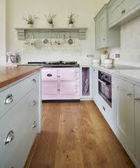 Rose Pink Aga Surrounded By Hand Painted Cabinets In Farrow Ball Mizzle Kitchen Sitting Areas Kitchen Inspirations Farmhouse Kitchen Decor