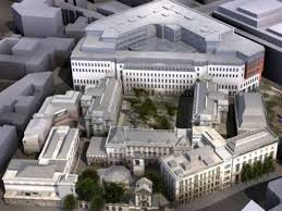 Pan to ext of hospital. St Barts Hospital Frenger Systems Uk