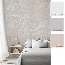 Metro Geometric Apex Wallpaper Grey Rose Gold Grey And Gold Bedroom Rose Gold Bedroom Wallpaper Bedroom Feature Wall