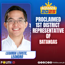 Ipinroklama bilang bagong kongresista ng unang distrito ng Batangas ang  bilyonaryong si Leandro Legarda Leviste. Tinalo ng anak ni Sen. Loren  Legarda ang kasalukuyang kongresista ng distrito na si Rep. Eric Buhain.