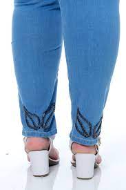 Calca Jeans Cigarrete Com Elastano E Pedraria Plus Size Azul