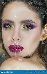 Skincare, Cosmetics and Visage. Woman Run Saliva from Mouth with Purple  Lips, Makeup Stock Photo - Image of bright, lips: 139345234