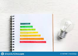 Notebook With Energy Efficiency Rating Chart And Light Bulb
