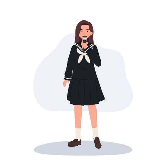 young asian student girl wearing dark school uniform giving speech or presentation with microphone. 77128288 Vector Art at Vecteezy