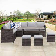 Skempton counter height dining room table and bar stools. 7 Pcs Outdoor Conversation Set All Weather Wicker Sectional Sofa Couch Dining Table Chair With Ottoman Ivory Walmart Com Walmart Com