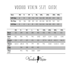Voodoo Vixen Dress Size Chart Voodoo Vixen Clothing Size