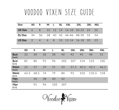 voodoo vixen dress size chart voodoo vixen clothing size