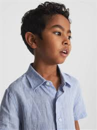 REISS Holiday Junior Short Sleeve Linen Shirt in Soft Blue