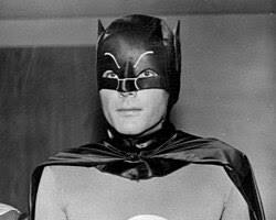 Batman 1966 TV series Adam West as Batman Burt Ward as Robin 1960s ABC television stills Batmobile Batcave colorful pop art style villains Joker Penguin Riddler Catwoman, AI generated