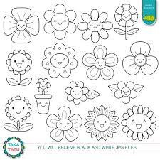 Kawaii Flowers Digital Stamp Black And White Clipart Etsy Flower Printable Flower Drawing Clip Art