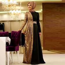 Modest Arabic Muslim Women Formal Dresses Evening Wear With Long Sleeves Gold Sequins Draped Plus Muslim Evening Dresses Evening Gowns Elegant Evening Dresses