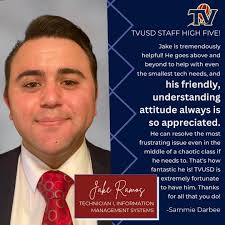 🖐️ TVUSD Staff High Five! Today we recognize Jake Ramos, Technician I in  IMS.✨ "He goes above and beyond to help with even the smallest 💻 tech  needs, and his friendly, understanding