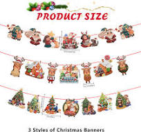 Merry Christmas Banner, Santa Claus & Reindeer Paper Bunting, Rectangular, Multicolor, 3 Pack