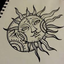 The design is shaded with black and grey, making it a simple but bold tattoo. Sun And Moon Light And Dark Yin And Yang Center Of The Compass Detail On The Moon And Sun Face Sun Drawing Moon Tattoo Simple Sun Drawing