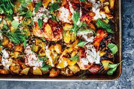 Melissa Clark Harissa Chicken With Leeks Potatoes And Yogurt Recipe On Food52 Recipe Harissa Chicken Sheet Pan Recipes Recipes