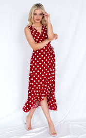 Ruffle Wrap Dress In Burgundy Red Polka Dot By Haus Of Deck