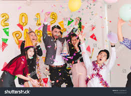Company Employees Of A Party To Celebrate The New Year 2019 And A Dj At Parties Concept Happy New Year Celebrate Y Brochure Design Template Celebrities Party