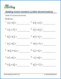 This math video tutorial shows you how to add two and three fractions with unlike or different denominators and how to add it to whole numbers and mixed. Grade 5 Fractions Worksheet Add Mixed Numbers Unlike Denominators K5 Learning