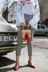 The Best Spring Basics Gingham Trousers Graphic T Shirts Couturezilla Checkered Trousers Printed Pants Outfits Wearing Red