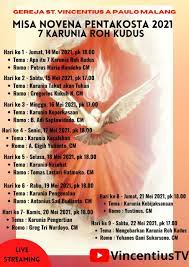 Novena roh kudus ini dilaksanakan selama sembilan hari, mulai pada hari sesudah kenaikan yesus ke surga dan berakhir pada hari sabtu menjelang pentekosta. Novena Roh Kudus 3 Sesawi Net