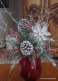 Red Vase With Frosted Pine Cones Silk Flowers Christmas Flower Arrangements Holiday Wreaths Diy Christmas Vases
