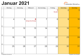 Jahreskalender 2021 mit kalenderwochen und den feiertagen für schweiz. Januar 2021 Kalender Mit Feiertagen