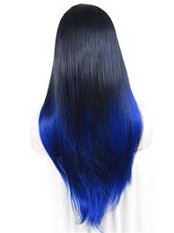 Long Dark Root Blue Highlight Ombre Straight Synthetic Lace Front Wig Hair Styles Blue Tips Hair Ombre Hair Color