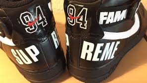 The simple makeup features a primarily black leather upper with contrasting white accents on the swoosh and supreme arc logo on the heel, with the iconic streetwear brand's 'world famous' mantra stamped on the ankle strap. Supreme X Nike Air Force 1 High Black