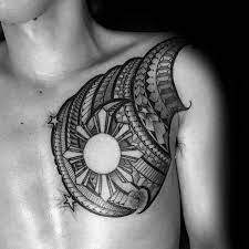 Impressive filipino tattoo on chest and half sleeve. 50 Filipino Sun Tattoo Designs For Men Tribal Ink Ideas