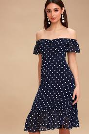 Artesia Navy Blue Polka Dot Off The Shoulder Midi Dress Mod And Retro Clothing Fit N Flare Dress Dresses White Polka Dot Dress