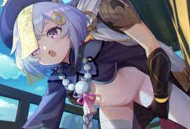 bajima shouhei, aether (genshin impact), qiqi (genshin impact), genshin  impact, highres, 1boy, 1girl, bandaged leg, bandages, bead necklace, beads,  blue hair, blush, braid, braided ponytail, coin hair ornament, doggystyle,  from below, grabbing,