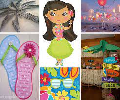 Hawaiian tiered tray decor, aloha tiered tray filler, blue flower, pink plumeria, aloha pineapple mini sign, fun decor, island decor. Luau Party Ideas Summer Party Ideas At Birthday In A Box