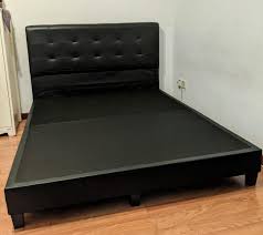 Haageep metal queen bed frame with headboard and storage black platform bedframe no box spring needed 14 inch size. Faux Leather Bed Frame Package Queen Size Coil Mattress Free Furniture Home Living Furniture Bed Frames Mattresses On Carousell