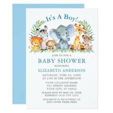 Watercolor Safari Animals Boy Blue Baby Shower Invitation Zazzle Com In 2020 Blue Baby Shower Invitations Jungle Animal Baby Shower Invitations Glitter Invitations