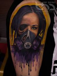 Yes, even though only half your face is actually painted, nailing the shading and symmetry of that portion is pretty hard. Half Skull Half Girl Face With Gas Mask Tattoo On Shoulder By Zoran