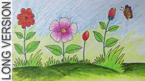 How To Draw A Scenery With Flowers For Beginners Long Version In 2020 Flower Drawing Flower Garden Drawing Easy Drawings