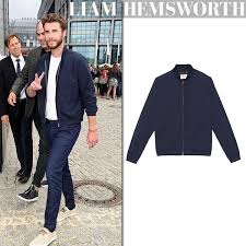 Liam Hemsworth In Blue Bomber Jacket In Berlin Blue Bomber Jacket Bomber Jacket Outfit Bomber Outfit