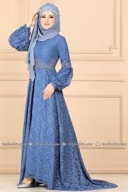 Balon Kol Dantel Abiye 5141 5ay342 Mavi Moda Selvim The Dress Moda Stilleri Musluman Modasi