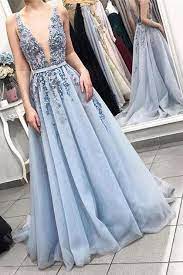 Plunging Neck Powder Blue Sweep Prom Dress With Beading Blue Prom Gown Prom Dresses Long Long Prom Dresses Uk