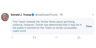 Washington — for president donald trump, twitter is more than a social media platform, it is a direct line to voters. Twitter Restricts New Trump Tweet For Glorifying Violence The Verge