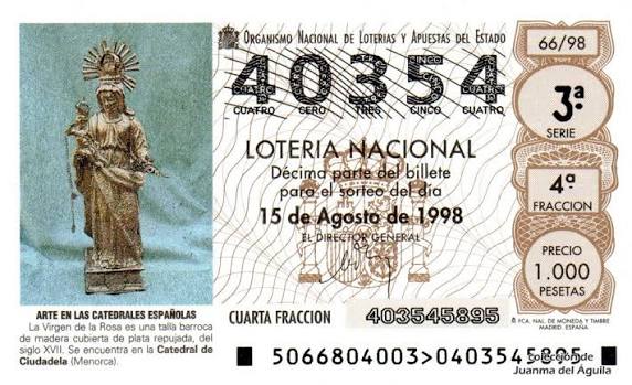 Décimo de Lotería Nacional de 1998 / 66 - ARTE EN LAS CATEDRALES ESPAÑOLAS - LA VIRGEN DE LA ROSA (SIGLO XVII)
