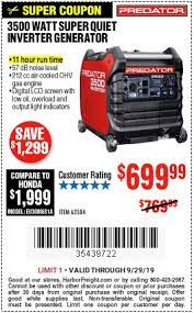 The predator generators are usually excluded from their coupons. 699 99 For The Predator 3500 Watt Super Quiet Inverter Generator Harbor Freight Coupons