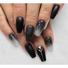 Black And Silver Glitter Acrylic Nails Nail Art Designs Coffin Matte Black Gel Acrylic Silver Glitter Ideas Diy Glitter Gel Nails Ombre Nails Glitter Glitter Nails