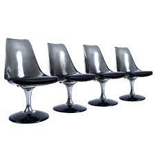 Fabric needs cleaning or replacement. Chromcraft Black Lucite Tulip Base Swivel Chairs