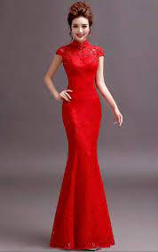 Elegant Red Lace Mermaid Bodycon Chinese Wedding Dress Red Chinese Wedding Dress Red Wedding Dresses Popular Wedding Dresses