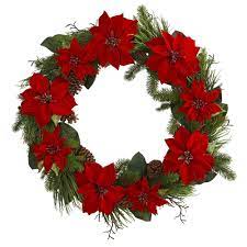Nearly Natural 36 In Poinsettia And Pine Wreath 4202 The Home Depot Christmas Wreaths Christmas Wreath Craft Poinsettia Wreath