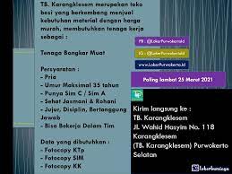 Semua jurusan, smk, sma, aliyah ato lainnya yg sederajat unt pemberangkatan hari minggu 10 januari 2020. Lowongan Kerja Tb Karangklesem Februari 2021