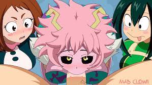 1boy 1girls 3girls :>= animated big breasts black eyes black  sclera blue background blush bouncing breasts breasts brown hair clothed  female nude male deep blowjob deepthroat deepthroat no hands