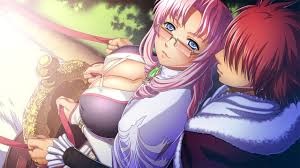 emeraria, ryuuto henge, kyonyuu fantasy, kyonyuu fantasy gaiden 2, game cg,  10s, 1boy, 1girl, braid, breasts, cleavage, from behind, glasses, huge  breasts, outdoors, pink hair - Image View - | Gelbooru -